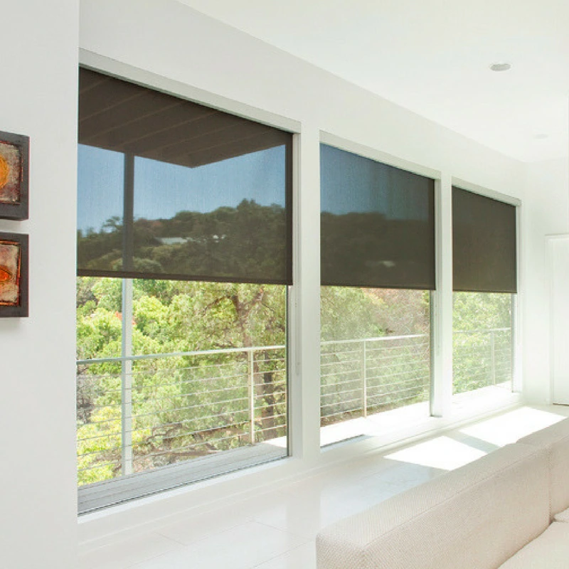 Austin, Texas home with roll-up solar shades in the living room.